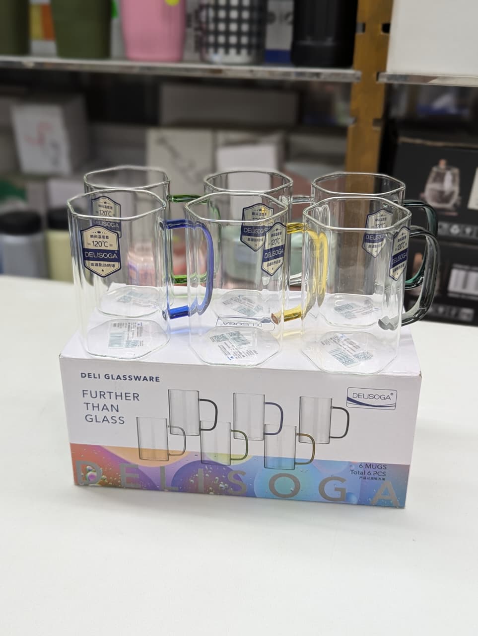 6 Pcs Borosilicate Glass Mug Set with Colored Handles | Heat Resistant Clear Coffee Tea Cups