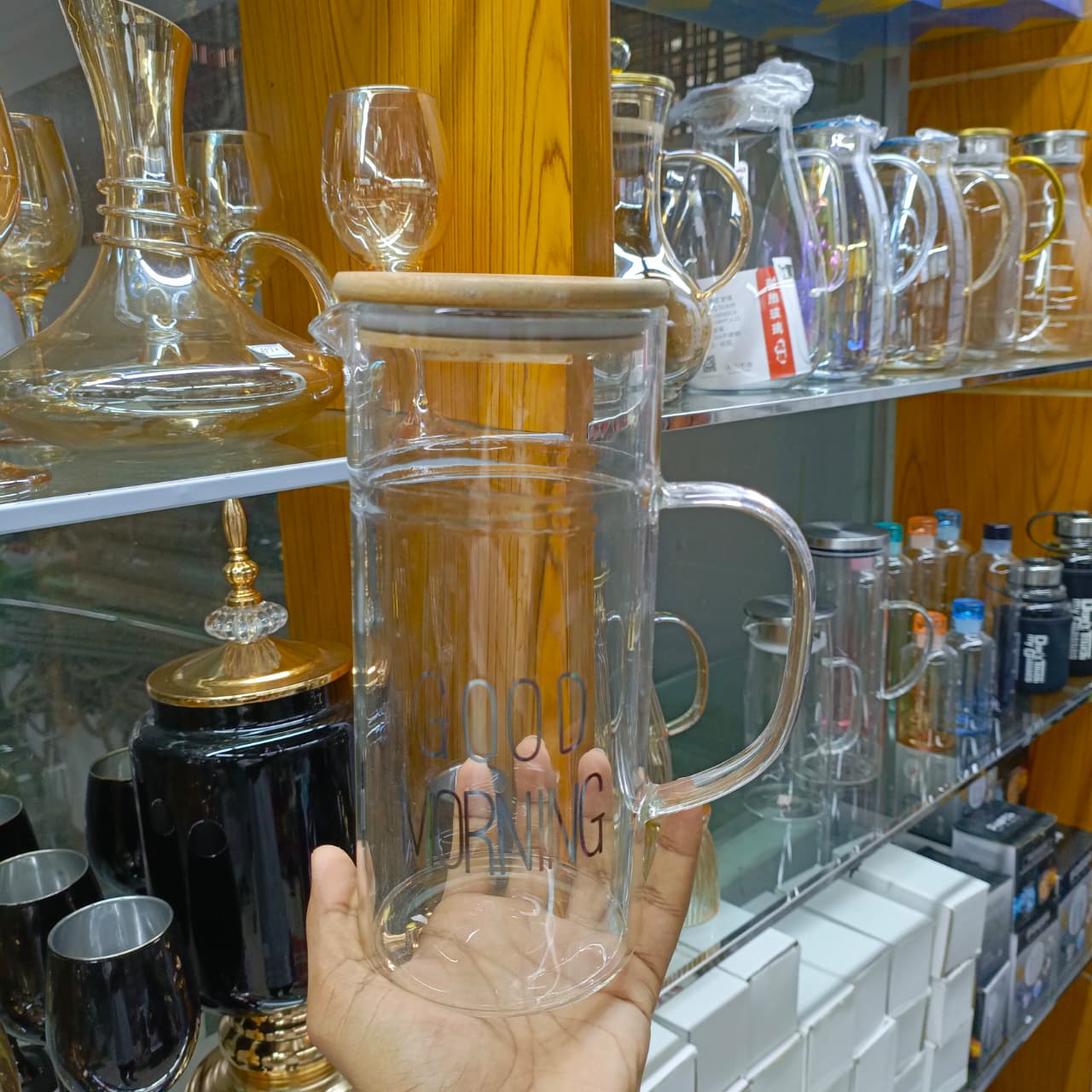 Eco-Friendly Household Carafe – Juice, Iced Tea &amp; Beer “Good Morning” Logo Pitcher with Lid