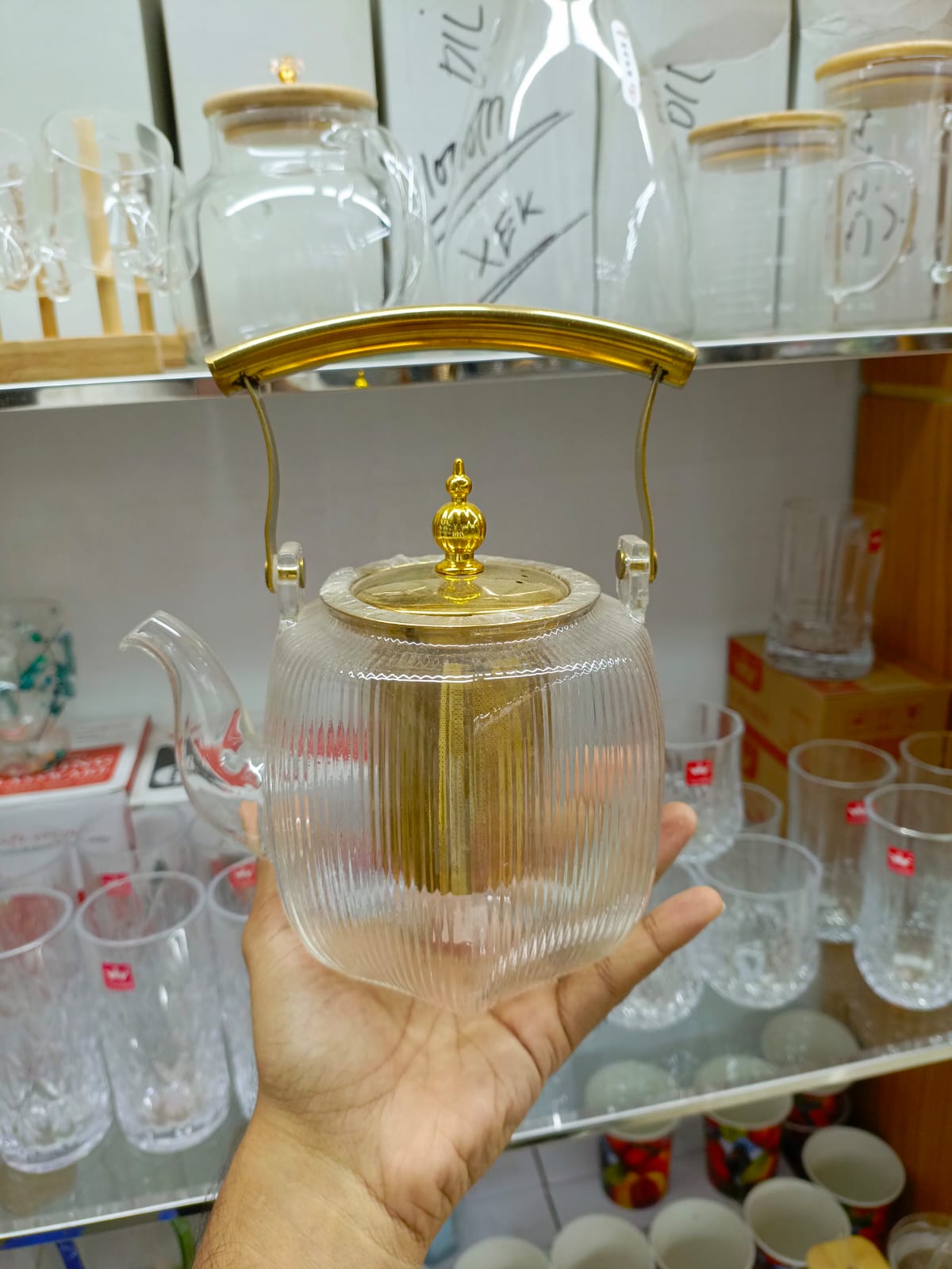 Borosilicate Glass Heat Resistant Glass Teapot with Tea Filter Golden Hand Middle East Style