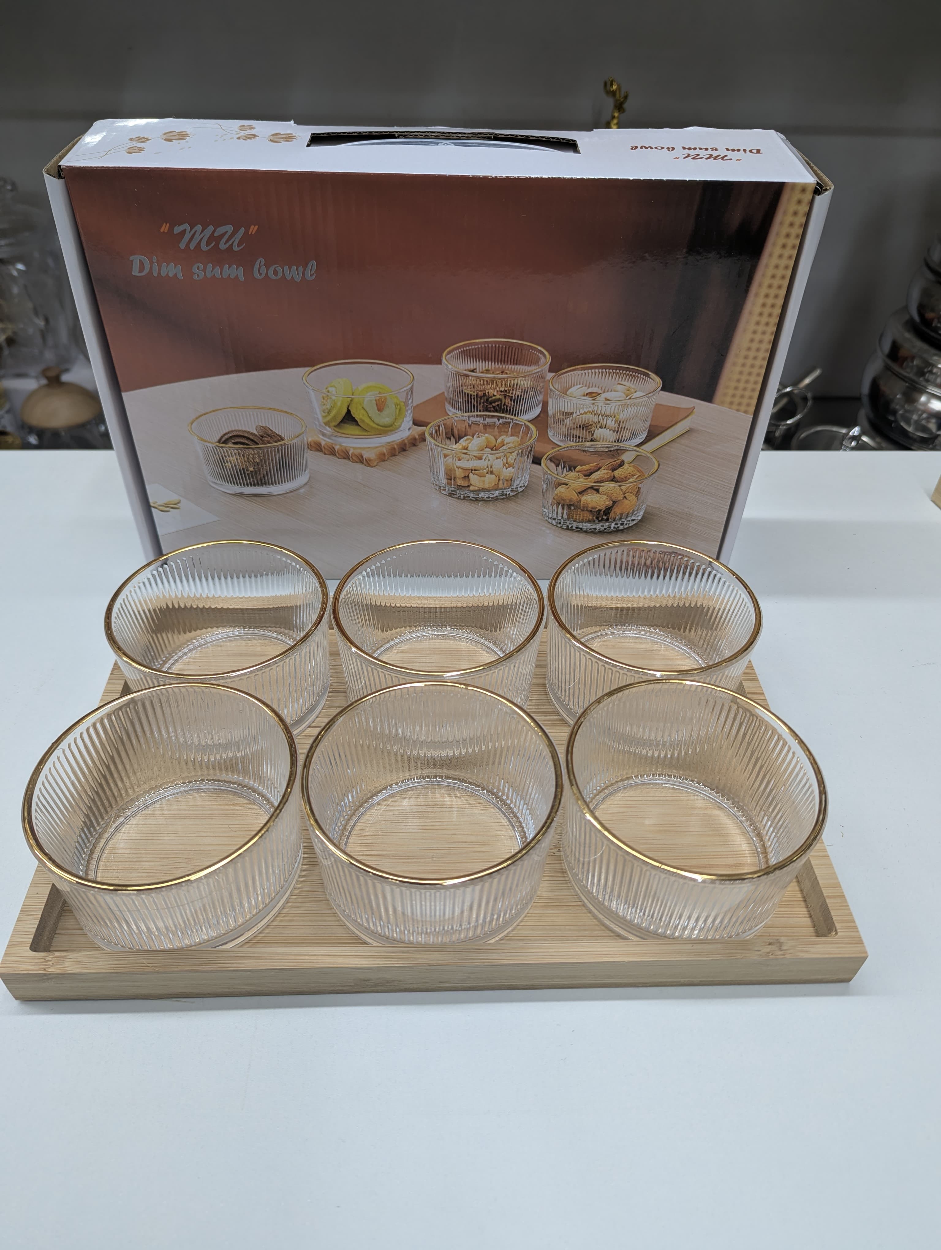 6 Pc Bowl Set with Bamboo Tray – Stylish Serving Bowl Set for Snacks & Dry Fruits