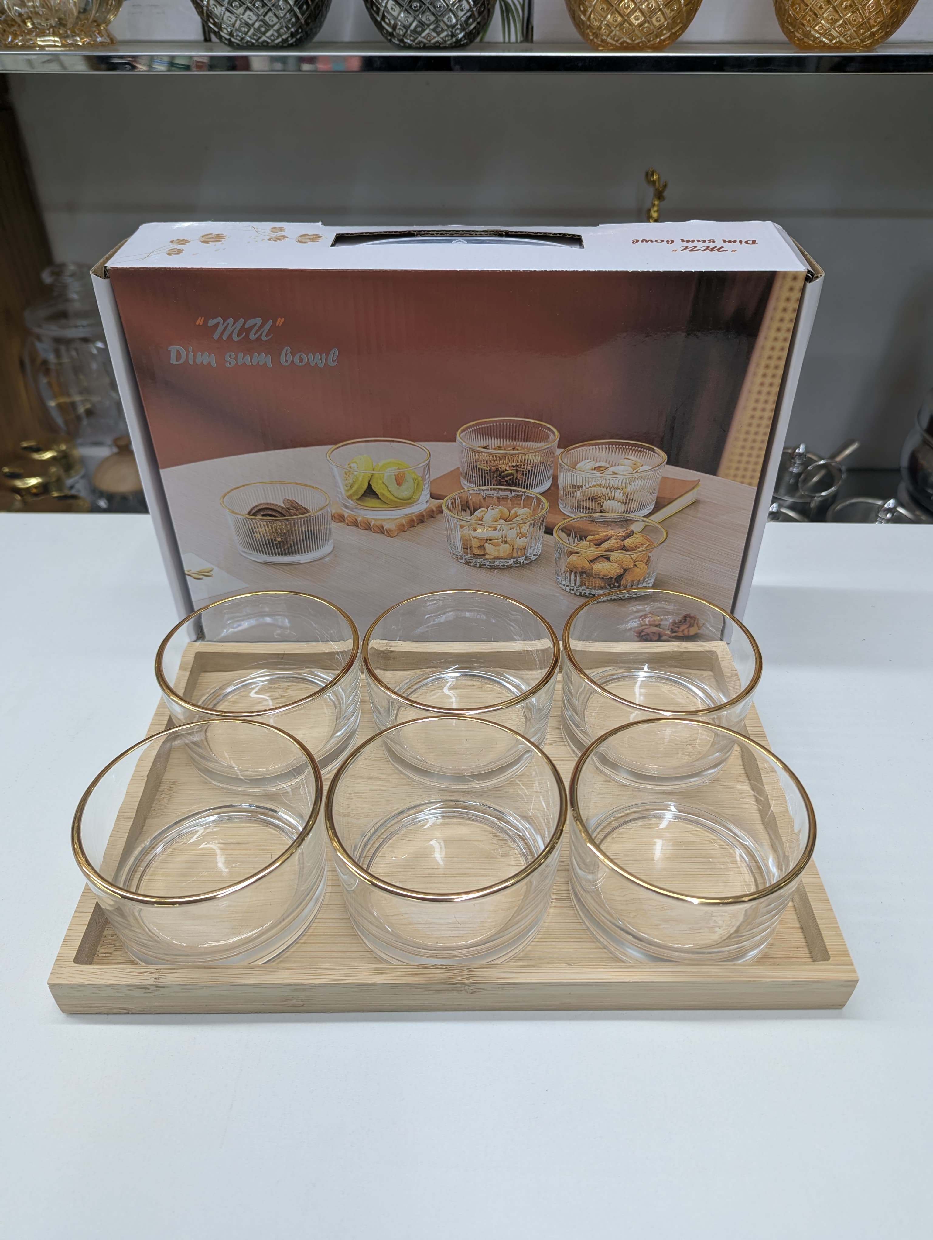 6 Pc Bowl Set with Bamboo Tray – Stylish Serving Bowl Set for Snacks & Dry Fruits