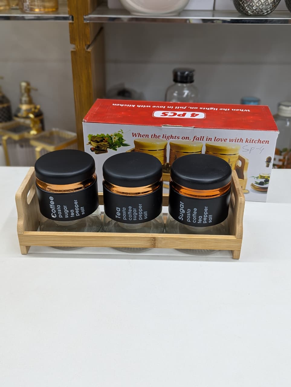 4pcs 400ml Glass Spice Storage Jar Set with Bamboo Stand | Kitchen Organizer Spice Container