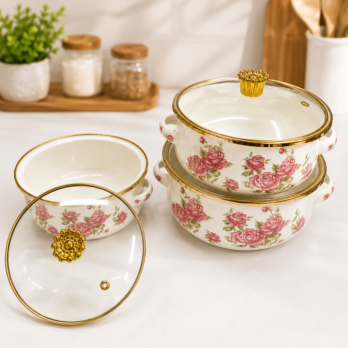 
White enamel cookware set with transparent glass lids