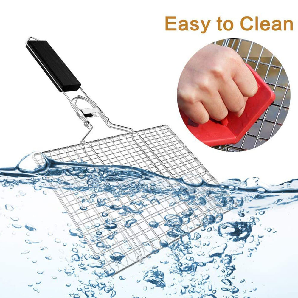 
Wire mesh grill basket with heat-resistant handle