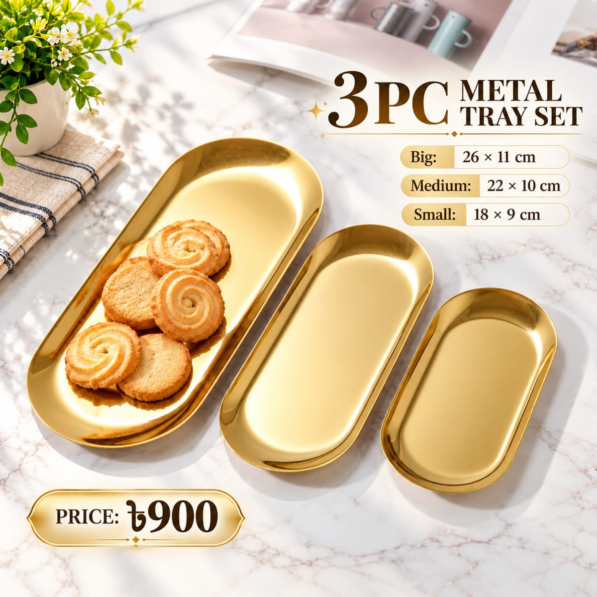 3-piece metal serving tray set for serving snacks, sweets, fruits, and appetizers at home or during special occasions.