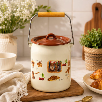 3 Liter premium quality enamel food container with lid for storing and serving food in the kitchen.