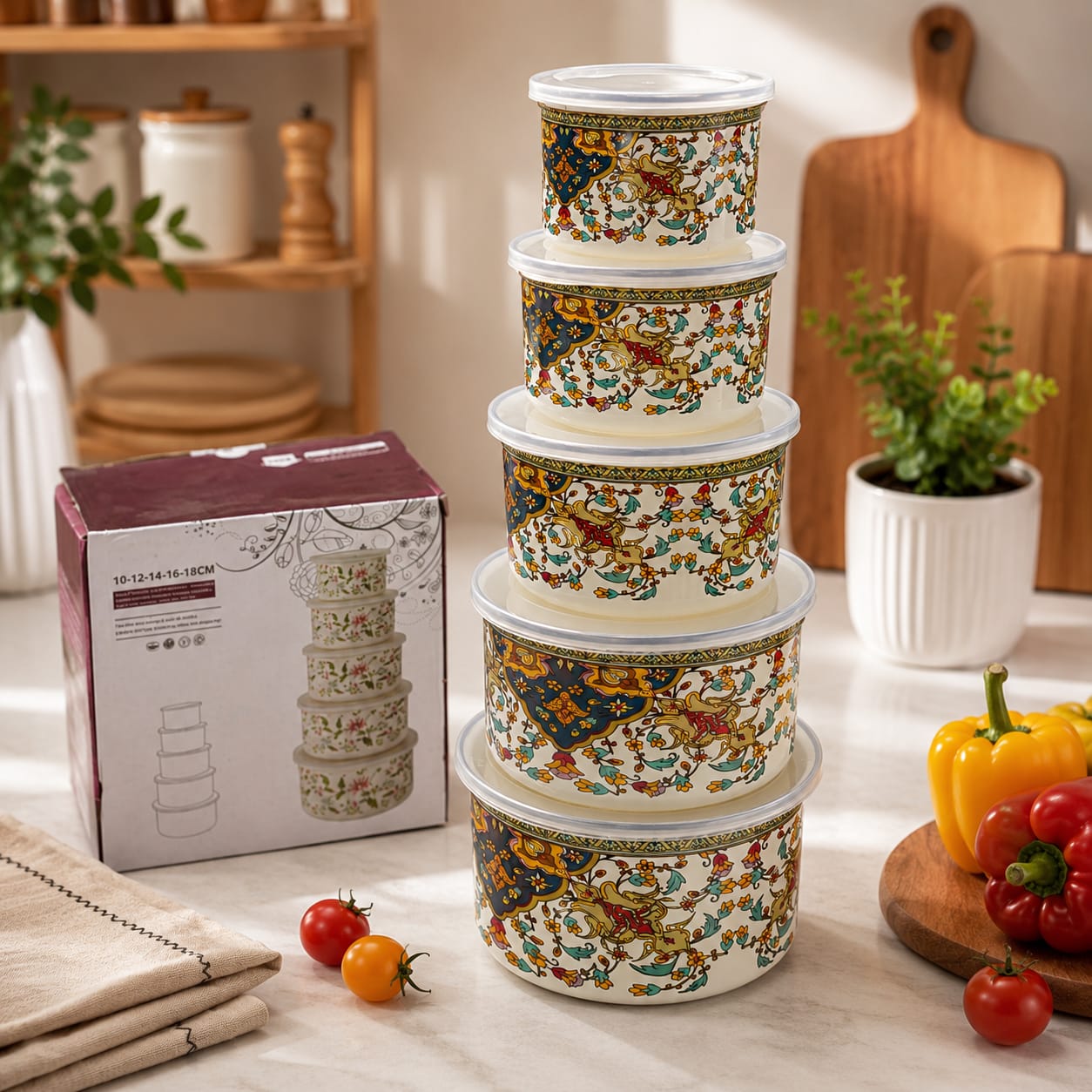 5-piece enamel food container and serving bowl set in 10cm, 12cm, 14cm, 16cm, and 18cm sizes for food storage, meal preparation, and serving fruits, salads, snacks, and everyday meals.