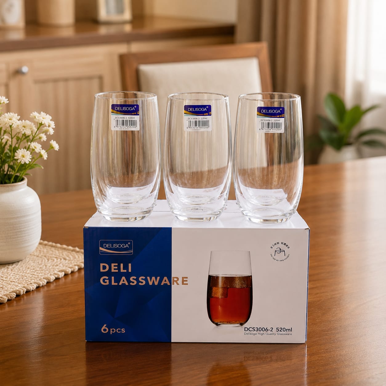 Set of 6 Delisoga heatproof borosilicate water glasses, 520ml crystal clear drinking glasses for water, juice, soft drinks, and everyday beverages.