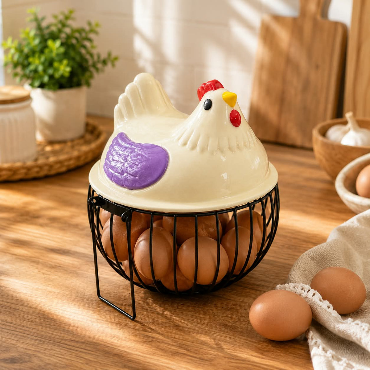Premium quality imported egg storage basket with protective lid and durable metal body for organizing eggs in the kitchen.