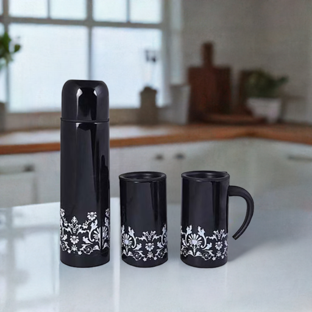 Vacuum Flask with Mug Set Black & White | Insulated Thermos Flask for Hot & Cold Drinks