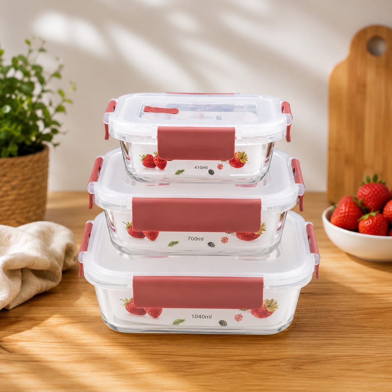 3-piece food storage container set in black with 410ml, 700ml, and 1040ml capacities, airtight food-grade containers for kitchen food storage and meal prep.