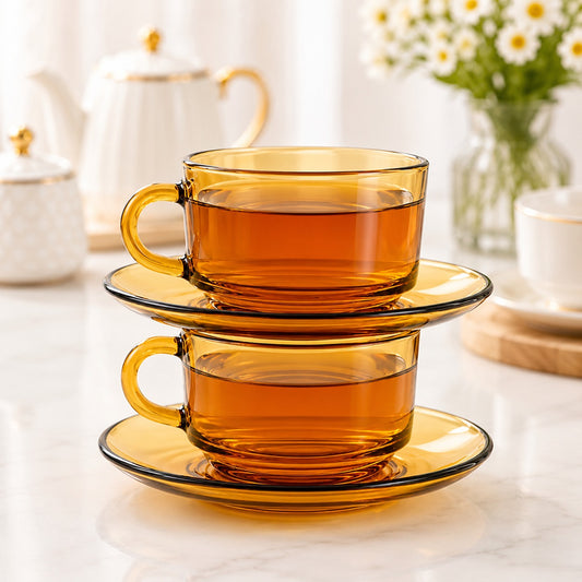 European gold rim 200ml glass cup with matching saucer