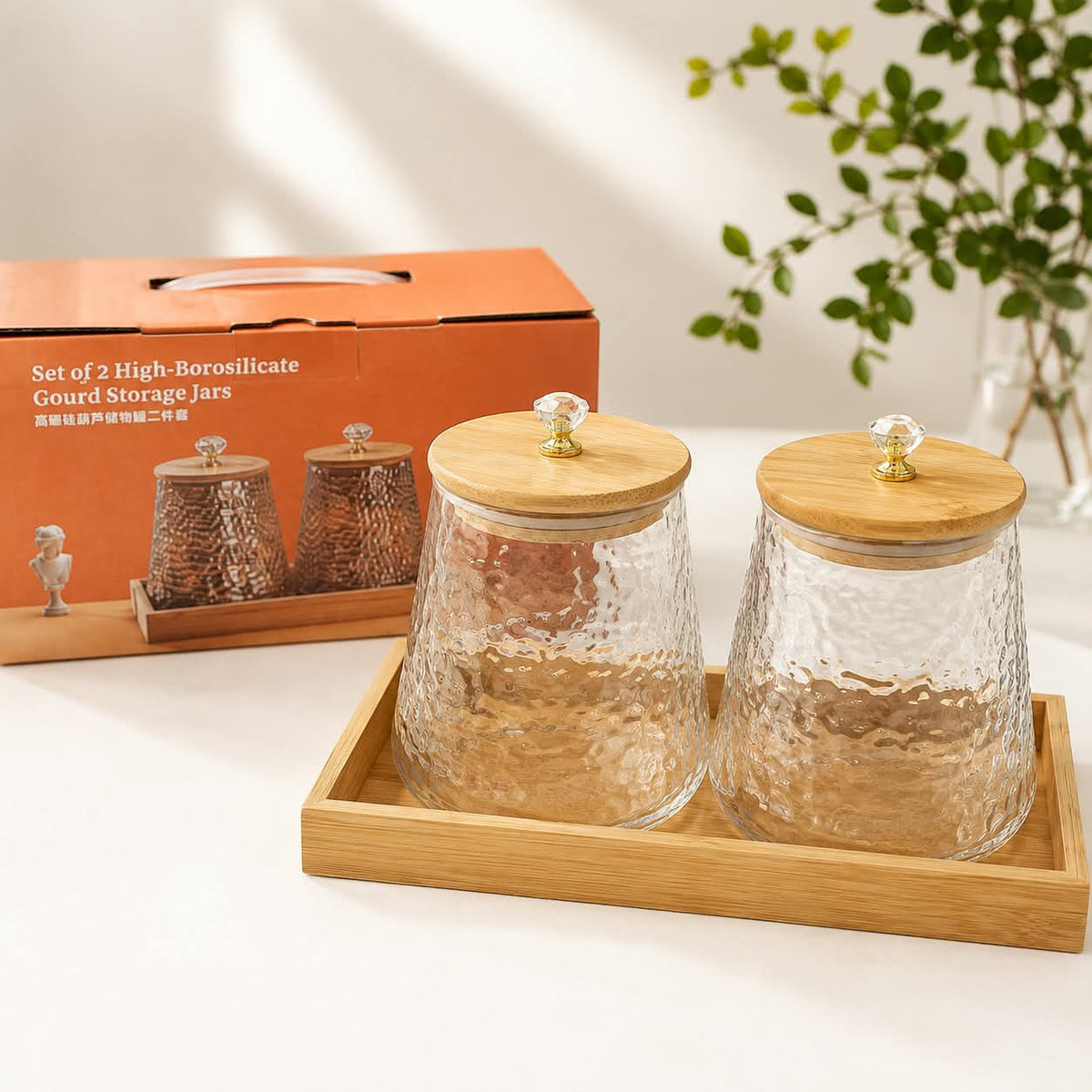 2 piece 760ml premium clear glass jar set with natural bamboo stand for storing tea, coffee, sugar, spices, snacks, and dry foods.
