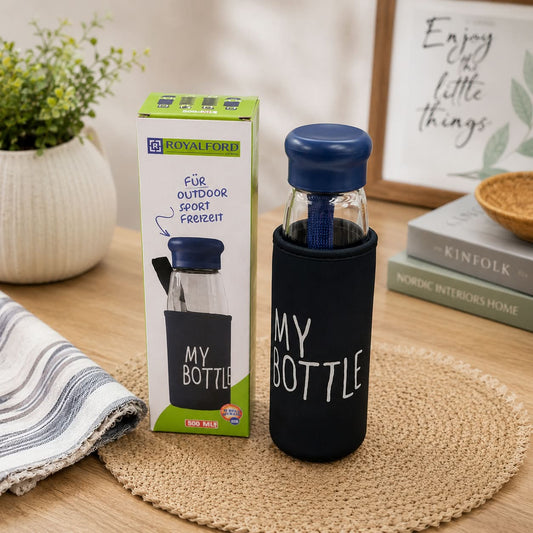 500ml portable glass water bottle with protective cover, ideal for outdoor activities, travel, office, school, and everyday hydration.
