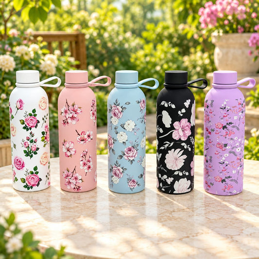 500ml floral vacuum bottle with an elegant flower design for carrying hot and cold beverages.