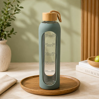 32 Oz Borosilicate Glass Water Bottle with Bamboo Lid & Silicone Sleeve | Leakproof Motivational Water Bottle