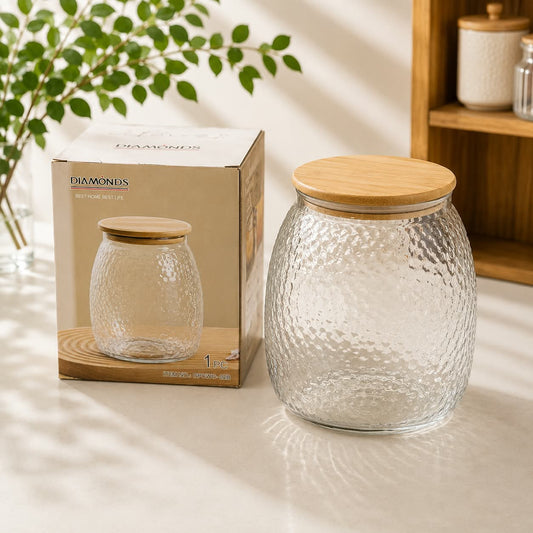 1550ml transparent storage glass jar with natural bamboo lid for kitchen food storage, pantry organization, snacks, cookies, cereals and dry foods.