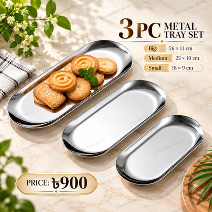 3-piece metal serving tray set for serving snacks, sweets, fruits, and appetizers at home or during special occasions.