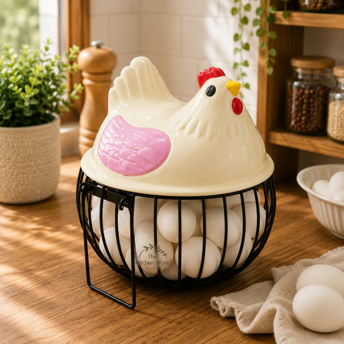 Premium quality imported egg storage basket with protective lid and durable metal body for organizing eggs in the kitchen.