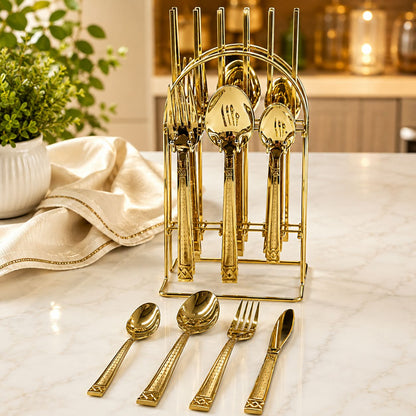 AYD 24 piece stainless steel cutlery set featuring spoons, forks and knives for home dining, restaurant use and special occasions