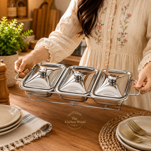 Stainless steel 4 compartment buffet serving dish with stand for serving multiple dishes