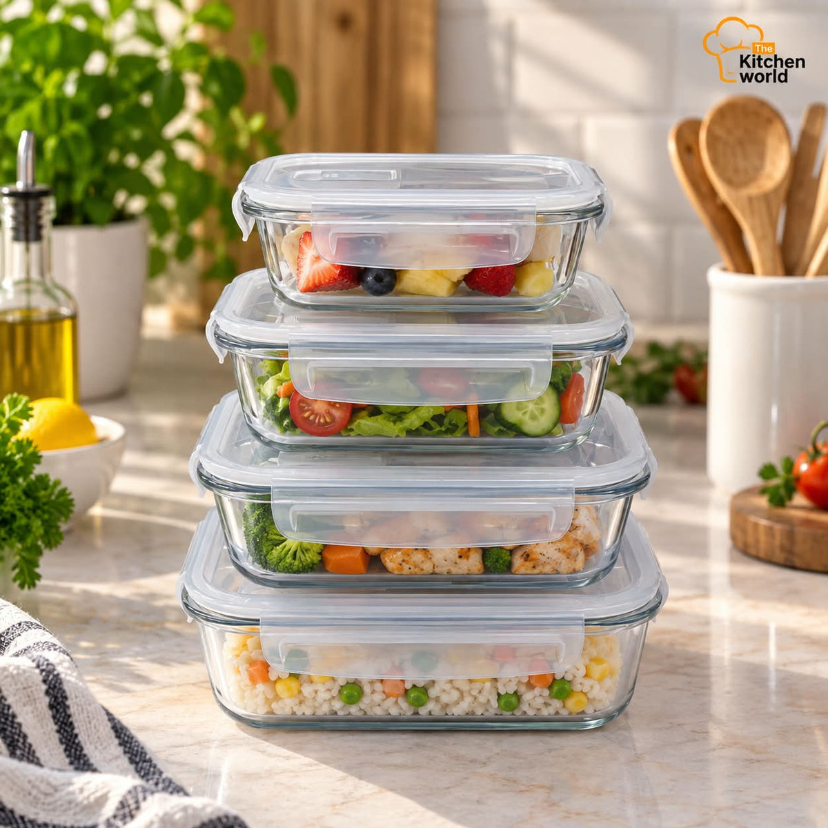 4 piece oven safe food storage box set with separate containers for storing, reheating, and serving food.