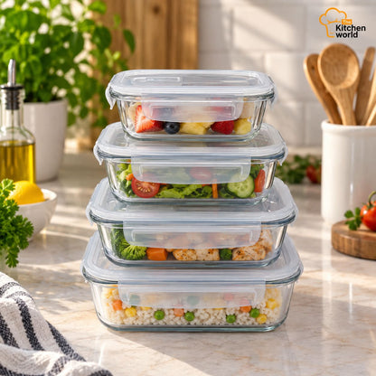 4 piece oven safe food storage box set with separate containers for storing, reheating, and serving food.
