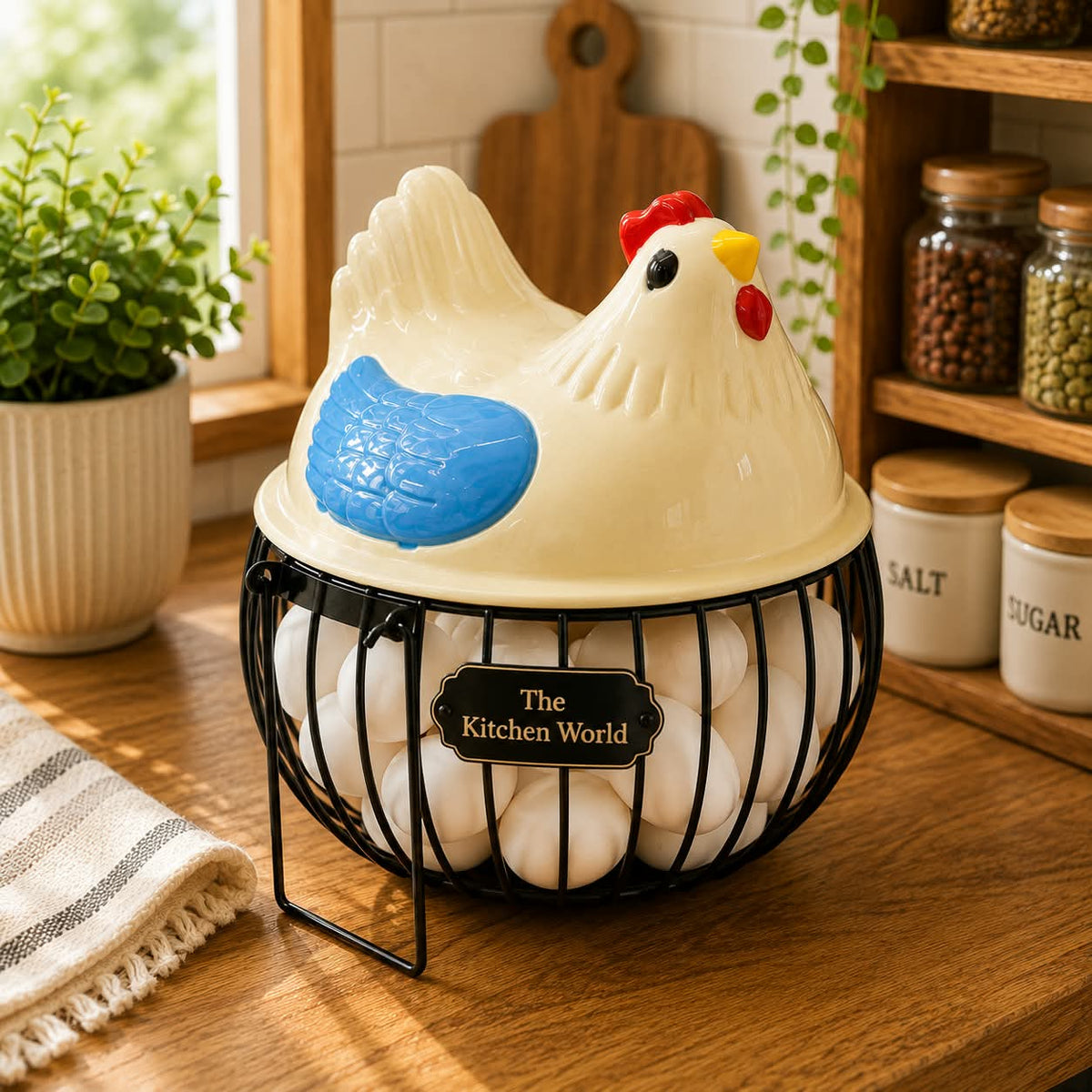 Premium quality imported egg storage basket with protective lid and durable metal body for organizing eggs in the kitchen.