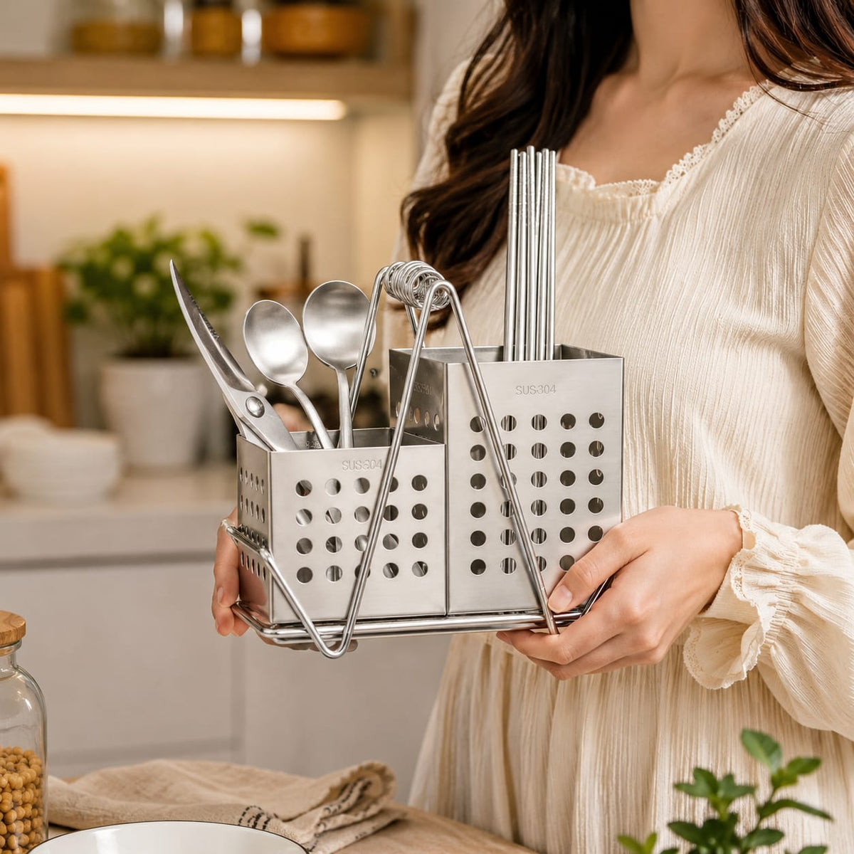 Premium quality stainless steel spoon stand and cutlery holder for organizing spoons, forks, knives, and kitchen utensils.