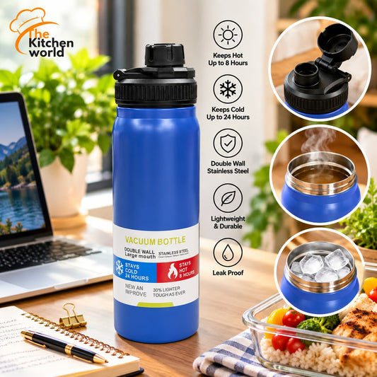800ml large capacity stainless steel vacuum water bottle with insulated double-wall design, ideal for hot and cold drinks, office, gym, travel and outdoor use.
