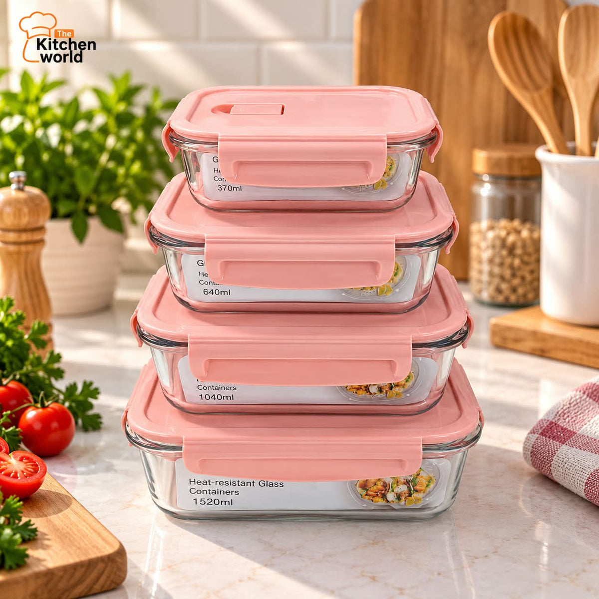 4 piece oven safe food storage box set with separate containers for storing, reheating, and serving food.