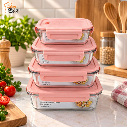 4 piece oven safe food storage box set with separate containers for storing, reheating, and serving food.
