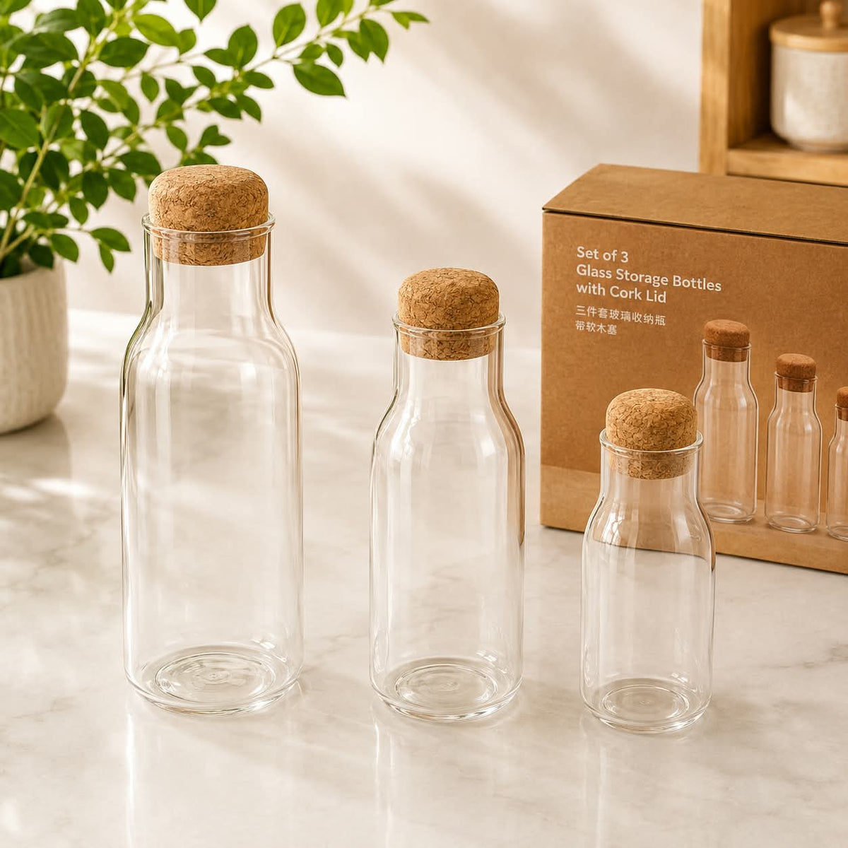 150ml 300ml 600ml handmade milk bottle shaped borosilicate glass storage jars with cork lids for kitchen food storage and pantry organization.