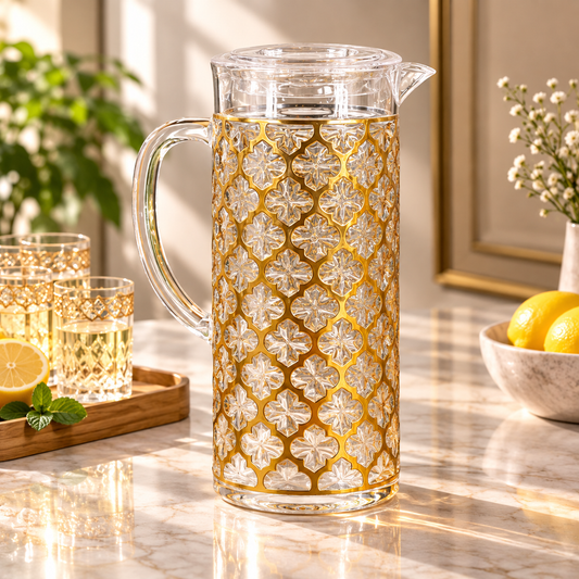 Luxury golden pattern acrylic water pitcher set with cups