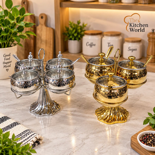 Creative stainless steel kitchen spice jar and salt shaker with spoon for storing and serving salt, spices, and seasonings.