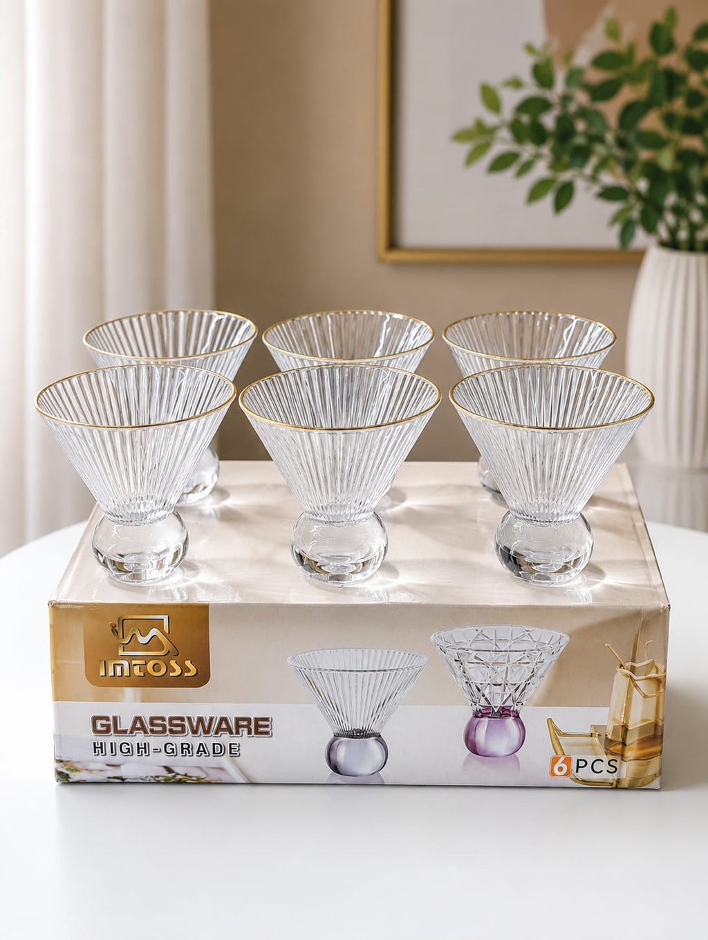 Crystal striped relief glass dessert bowl with a unique ball bottom gemstone design, premium clear glass bowl for serving ice cream, fruits, yogurt, desserts, and snacks.
