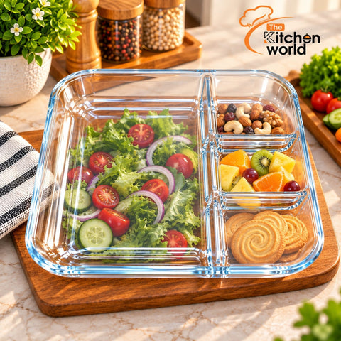 Quadrate oven safe glass divided plate with multiple compartments for serving different foods, snacks, fruits, and side dishes.