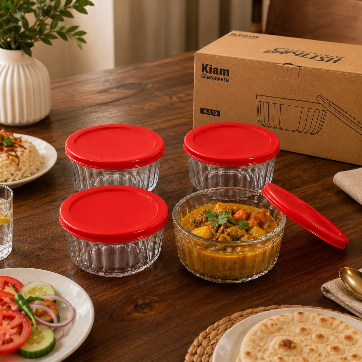 Kiam Oven Safe 4-Piece Glass Bowl Set, 500ml capacity each, made from heat-resistant transparent glass. Perfect for baking, serving, mixing, food preparation, and food storage in home kitchens