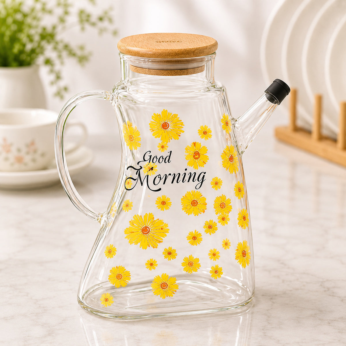 High borosilicate glass oil pot with bamboo lid