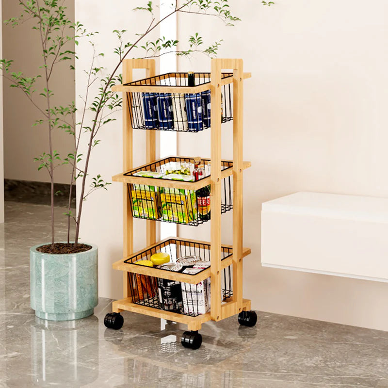 Wooden storage cart with wheels in a room setting with a plant and bench.