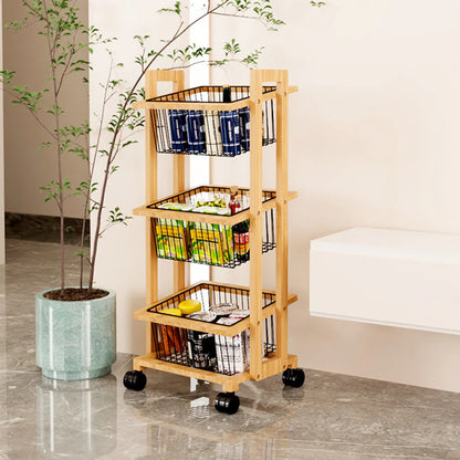 Wooden storage cart with wheels in a room setting with a plant and bench.