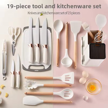 19-piece tool and kitchenware set including knives, spoons, spatulas, and cutting boards 