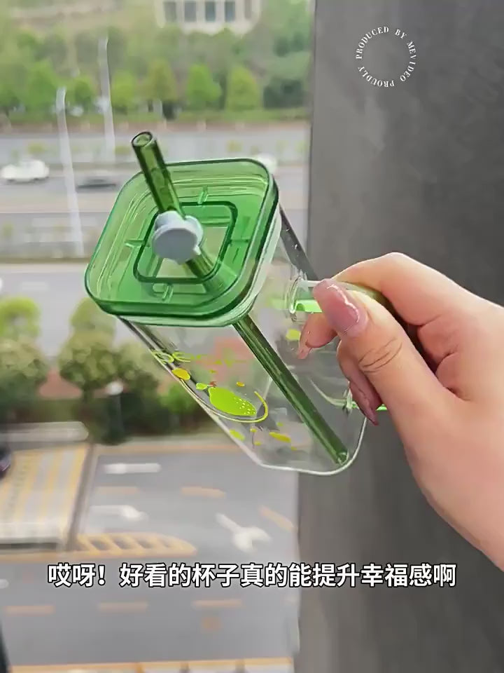 New Fashion 350ml Square Glass Reusable High Borosilicate Clear Beer Boba Drinking Mug Glass Cup with Lid and Straw
