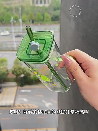 New Fashion 350ml Square Glass Reusable High Borosilicate Clear Beer Boba Drinking Mug Glass Cup with Lid and Straw