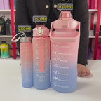 3-in-280ml/750ml/2000ml Capacity PP PC Silicon Food Grade Motivational Water Bottle with Time Marker One Click Open Cap