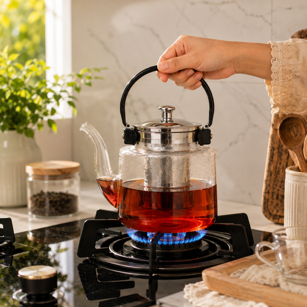 Borosilicate Glass Teapot with Stainless Steel Infuser & Handle | Heat-Resistant Tea Pot