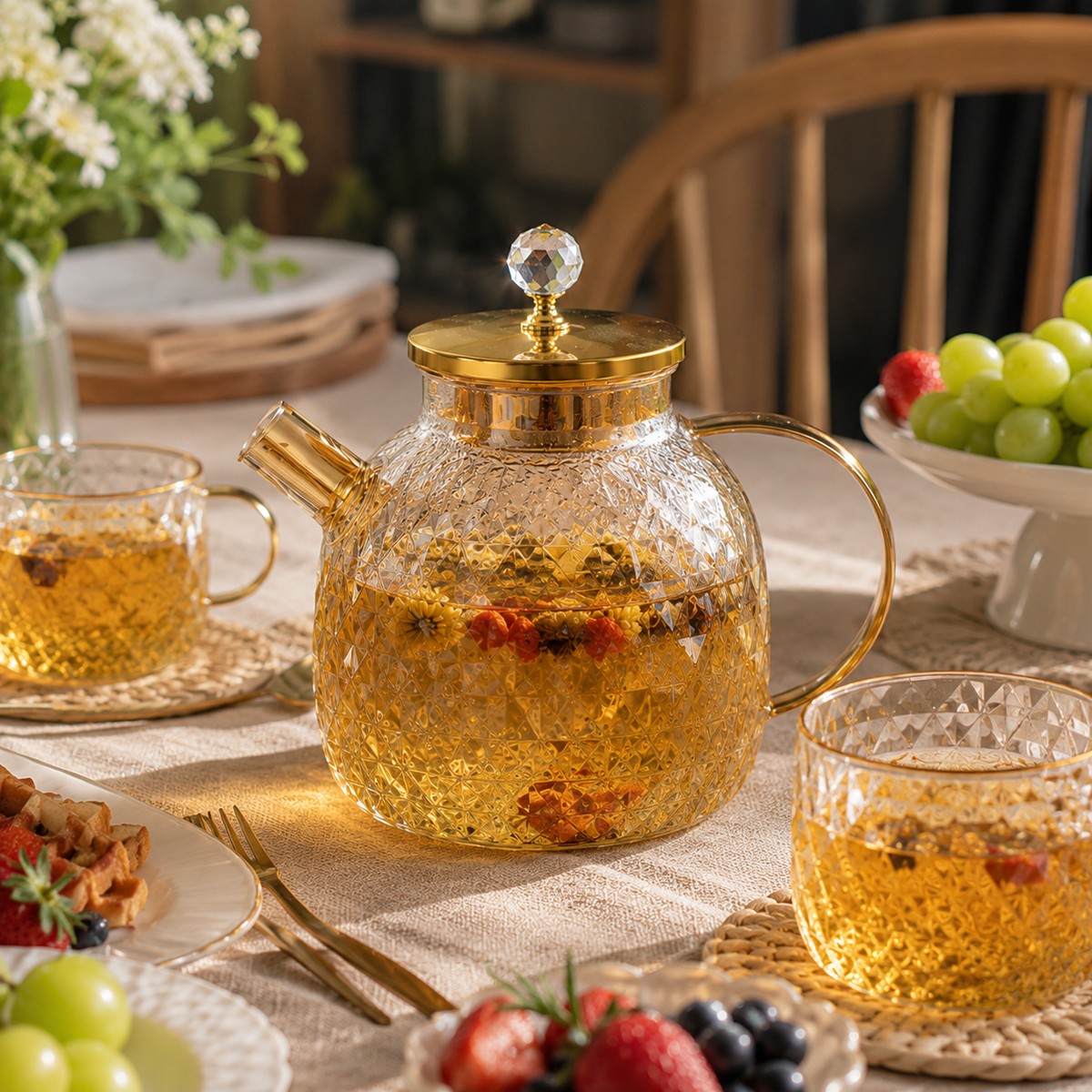 Modern Luxury Glass Pitcher with Lid | Large Capacity Water Jug & Tea Serving Pot with Handle