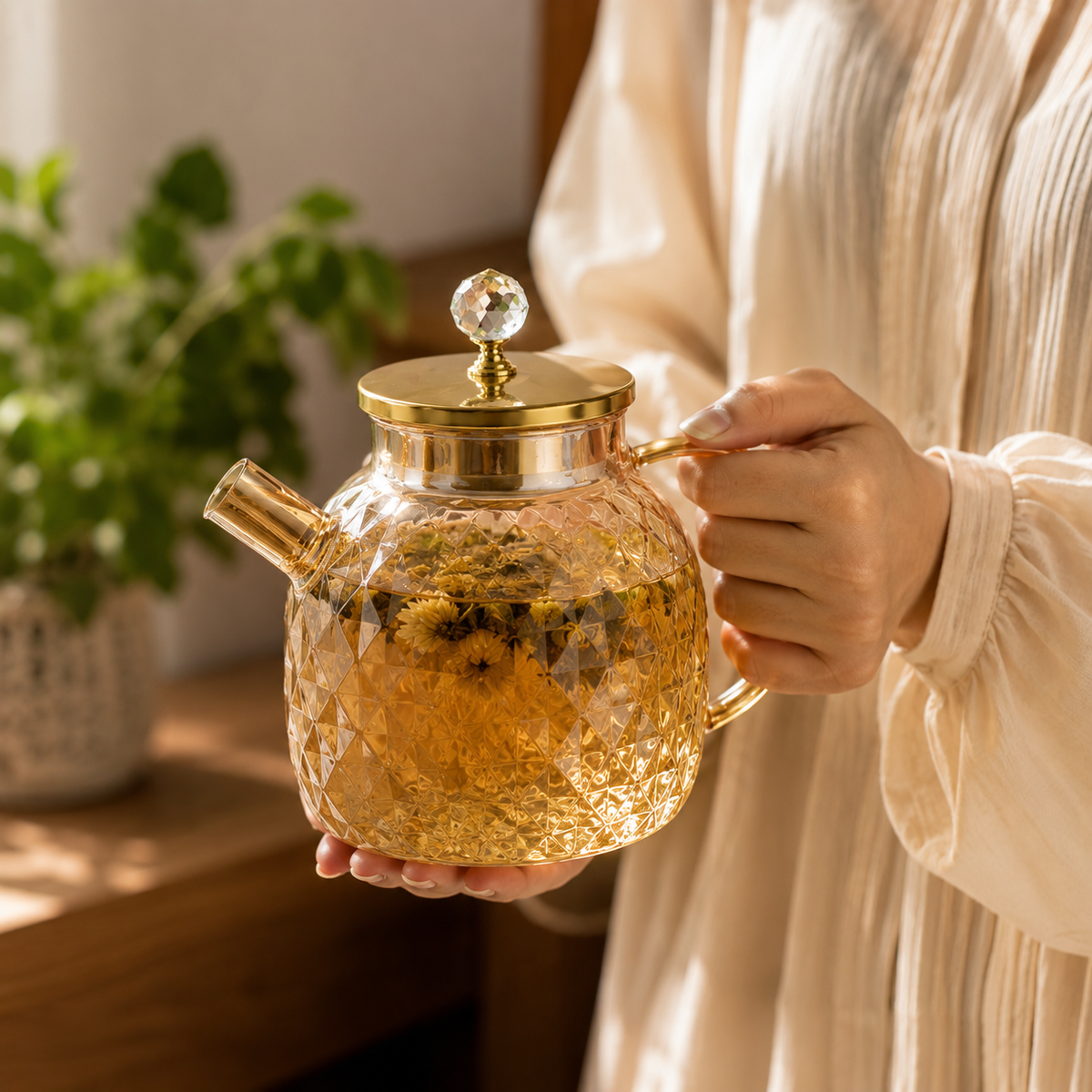 Modern Luxury Glass Pitcher with Lid | Large Capacity Water Jug & Tea Serving Pot with Handle