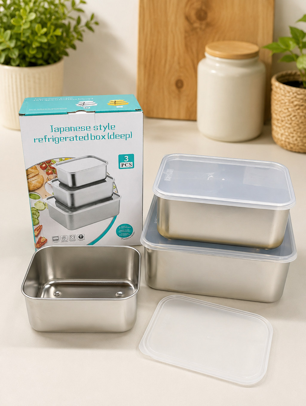 3 Piece Stainless Steel Food Storage Container Set with Airtight Fiber Lid