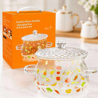 
Clear glass cooking pot with double ear handles